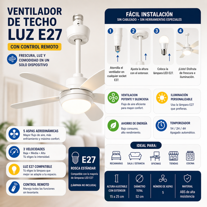 2x1 VENTILADOR DE TECHO CON LÁMPARA LED: Intensidad Ajustable, Control Remoto - ¡Instala en segundos! (NUEVO)