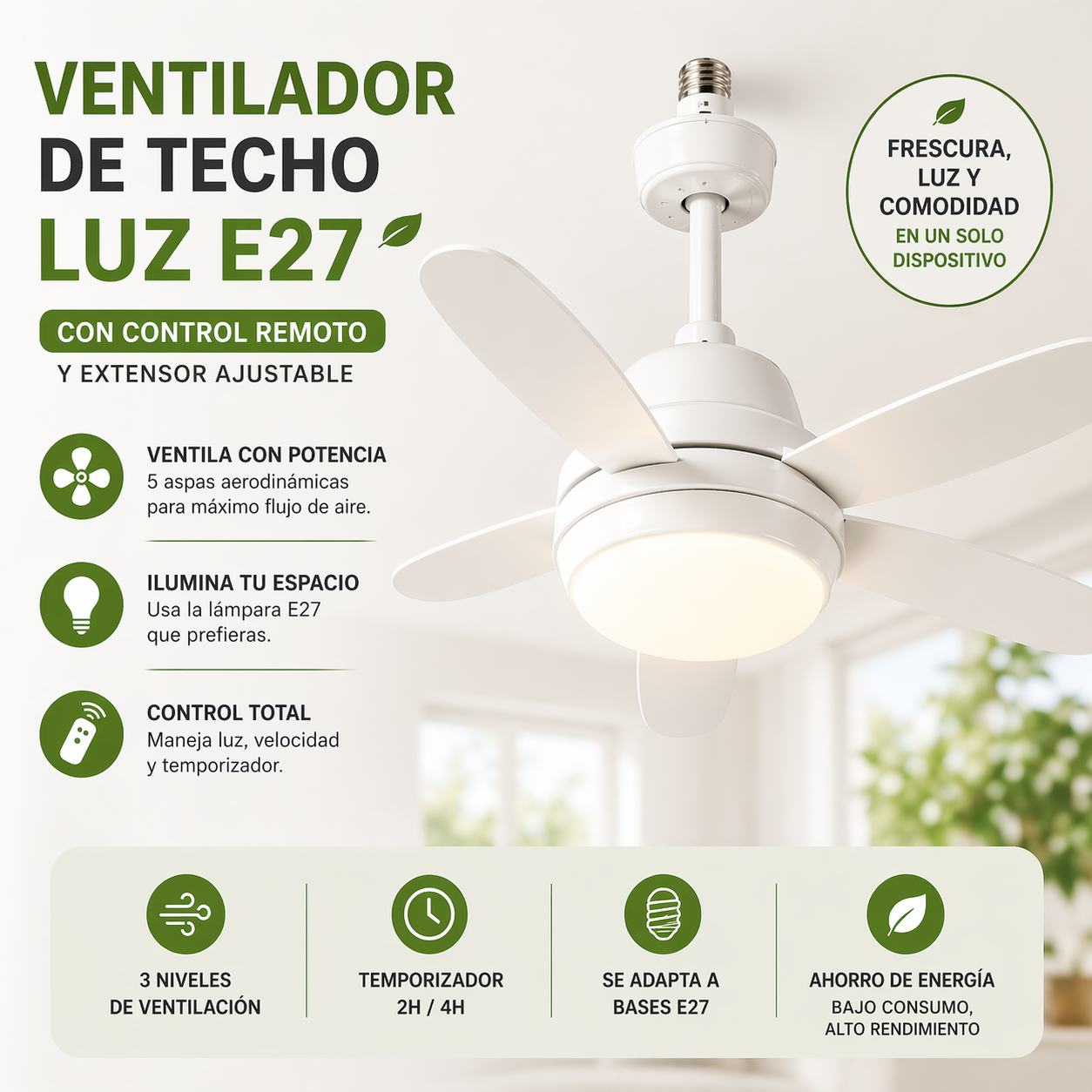 2x1 VENTILADOR DE TECHO CON LÁMPARA LED: Intensidad Ajustable, Control Remoto - ¡Instala en segundos! (NUEVO)